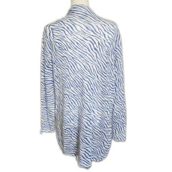Chico's Linen Blend Cardigan Sweater, Blue & White Zebra Print, Lace Panels, 12 - Picture 3 of 9